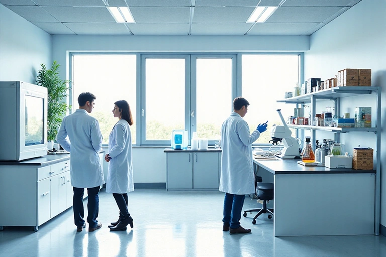 Obraz przedstawiający proces rozwoju produktu w Glucomenzplus, z naukowcami pracującymi w laboratorium, analizującymi próbki i dyskutującymi nad wynikami badań.